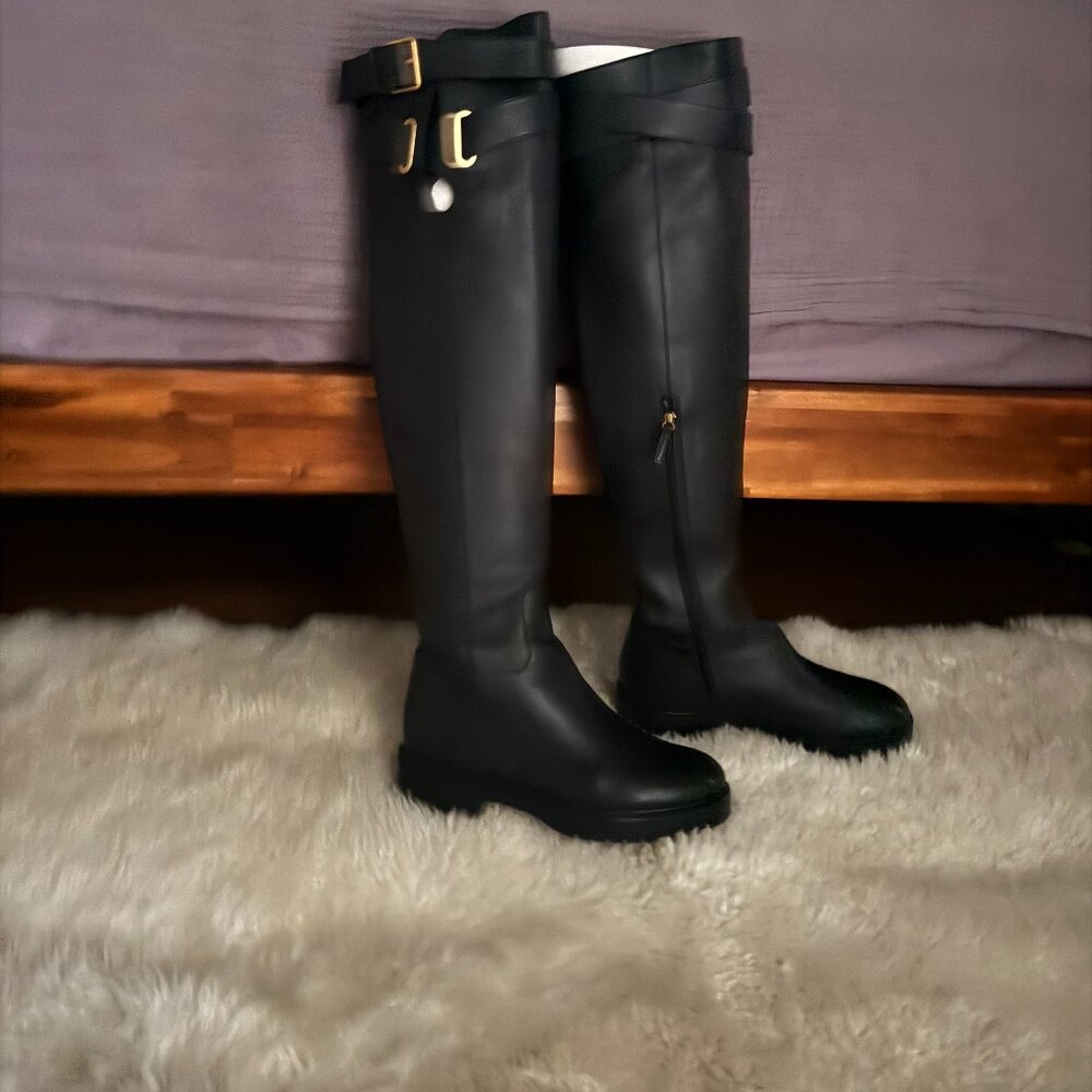 VALENTINO GARAVANI OVER THE KNEE LEATHER BOOTS, BLACK, SIZE 38
